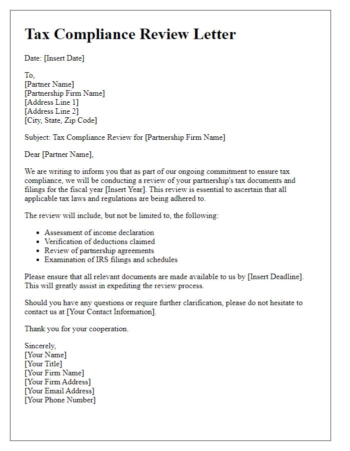 Letter template of tax compliance review for partnership firms.