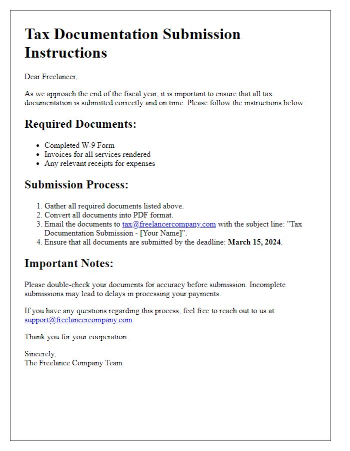 Letter template of tax documentation submission instructions for freelancers.