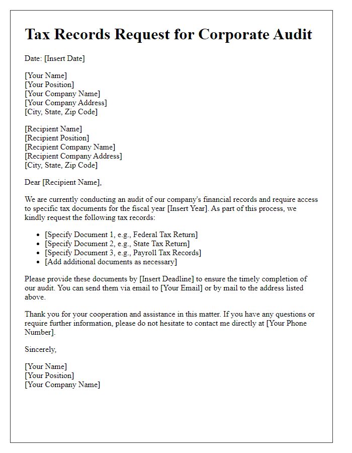 Letter template of tax records request for corporate audits.