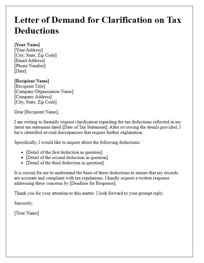 Letter template of demand for clarification on tax deductions