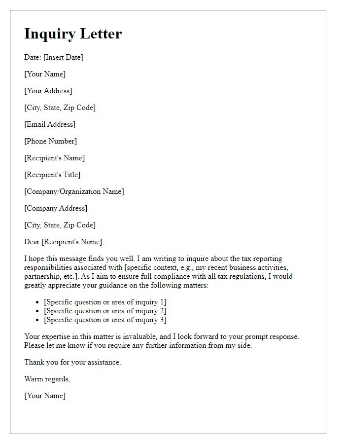 Letter template of inquiry into tax reporting responsibilities