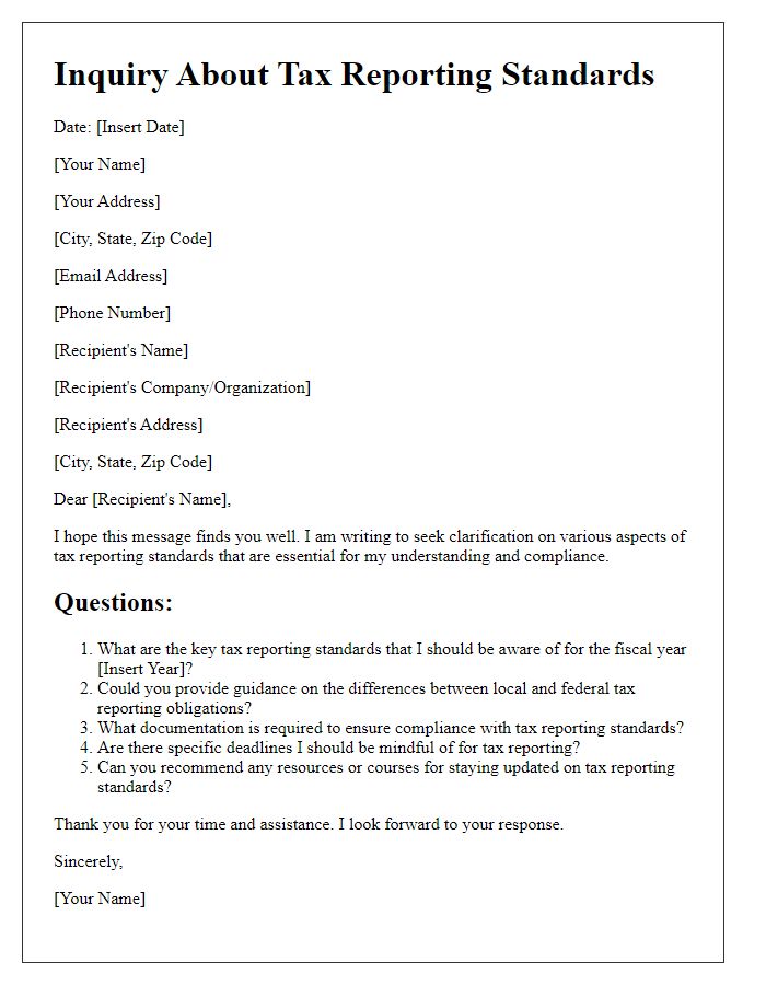 Letter template of questions about tax reporting standards