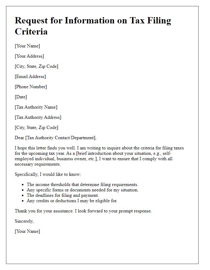 Letter template of seeking information on tax filing criteria