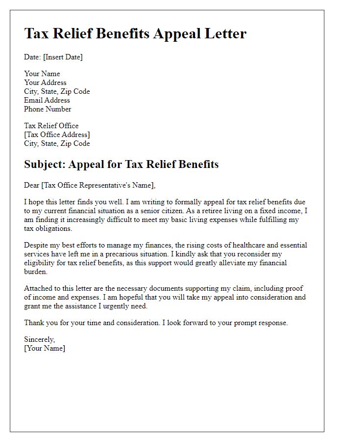 Letter template of appeal for tax relief benefits for seniors