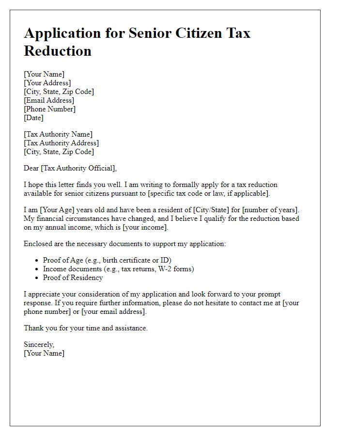 Letter template of application for senior citizen tax reduction