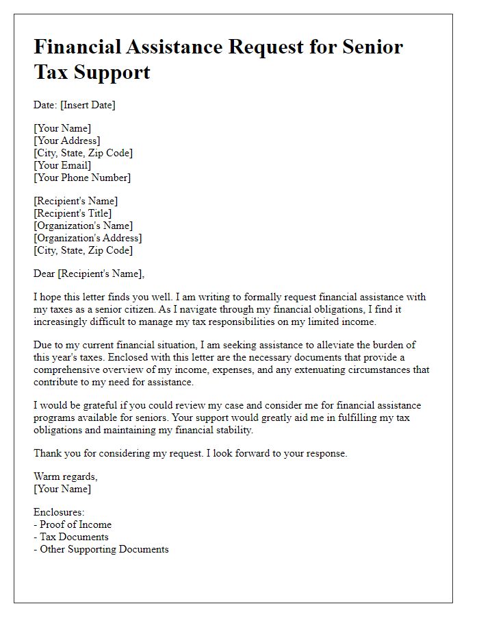 Letter template of documentation for financial assistance in taxes for seniors