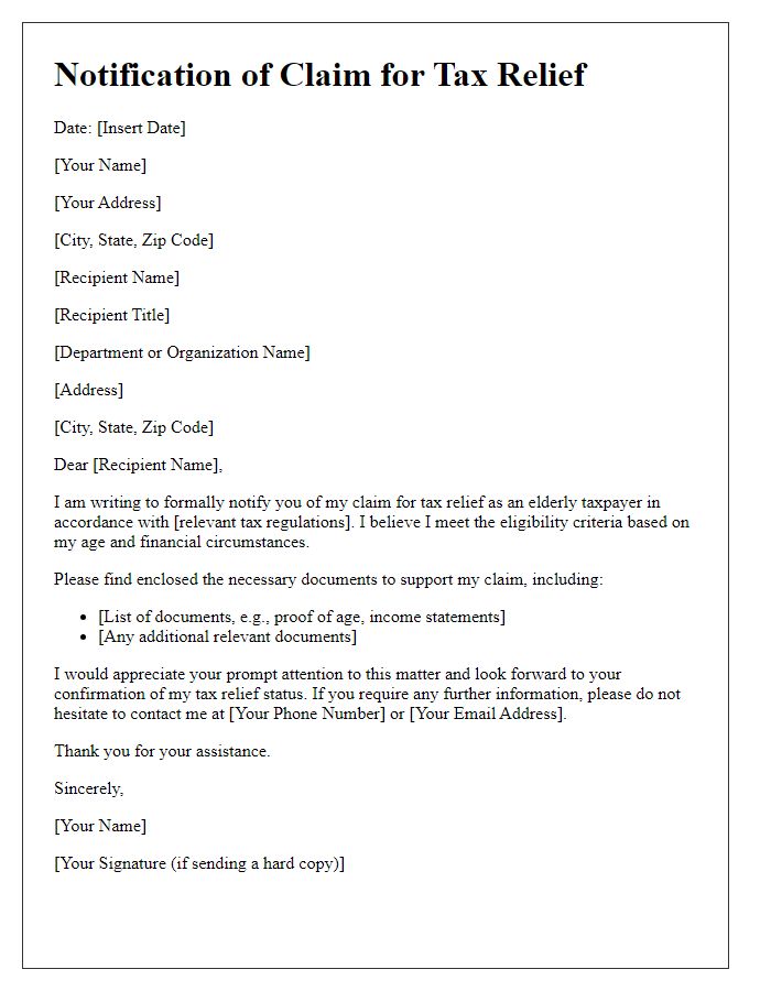 Letter template of notification for claiming tax relief for the elderly