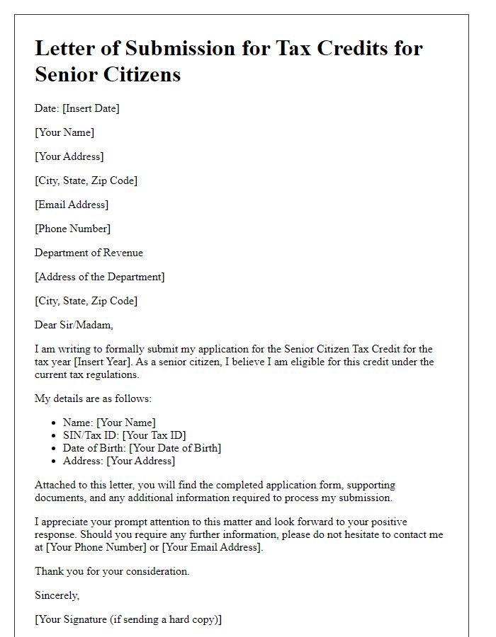 Letter template of submission for tax credits for senior citizens