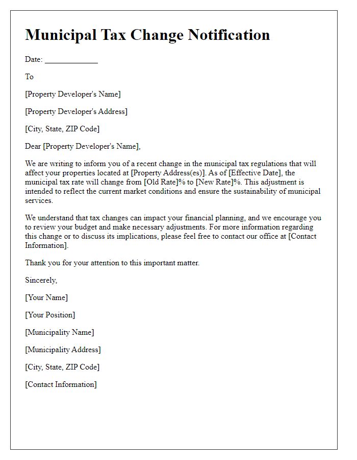 Letter template of municipal tax change notification for property developers