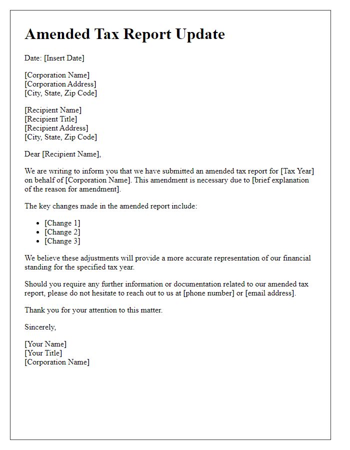 Letter template of amended tax report update for corporations