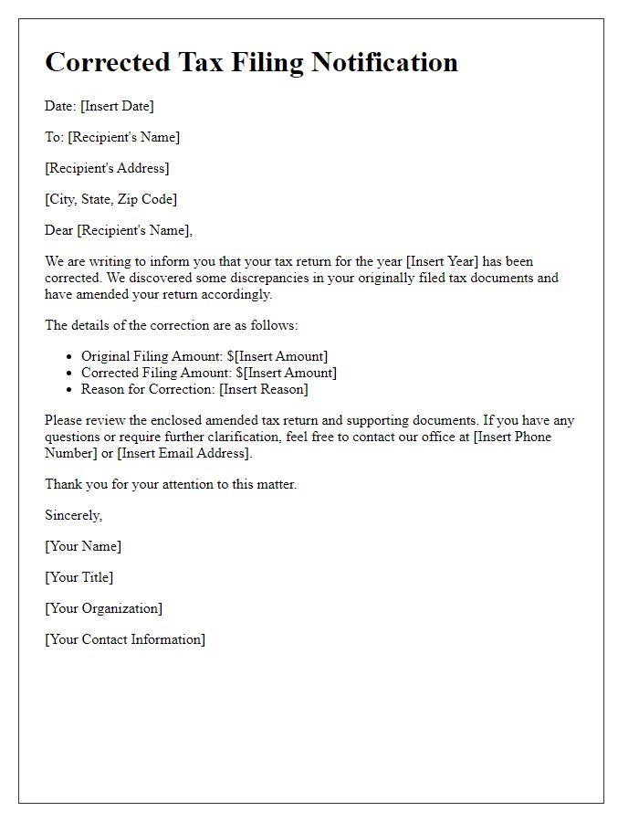 Letter template of corrected tax filing notification for individuals