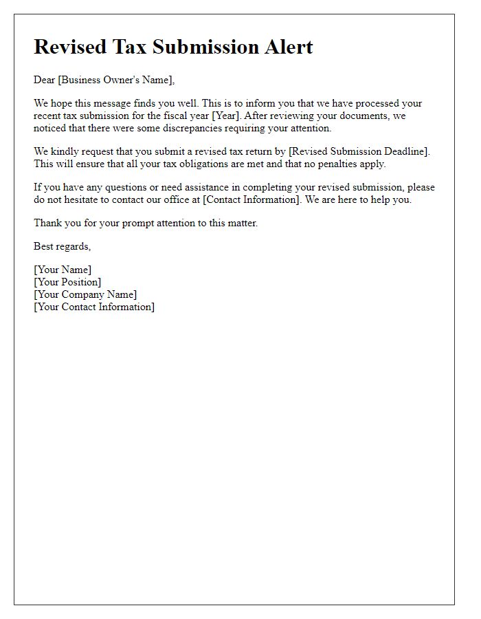 Letter template of revised tax submission alert for small business owners