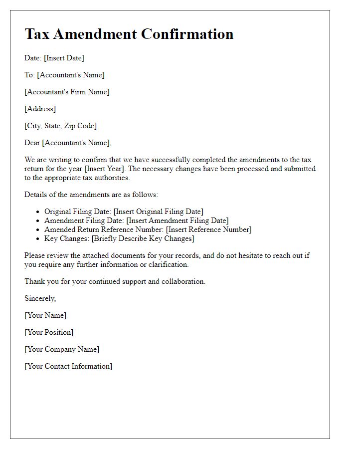 Letter template of tax amendment confirmation for accountants