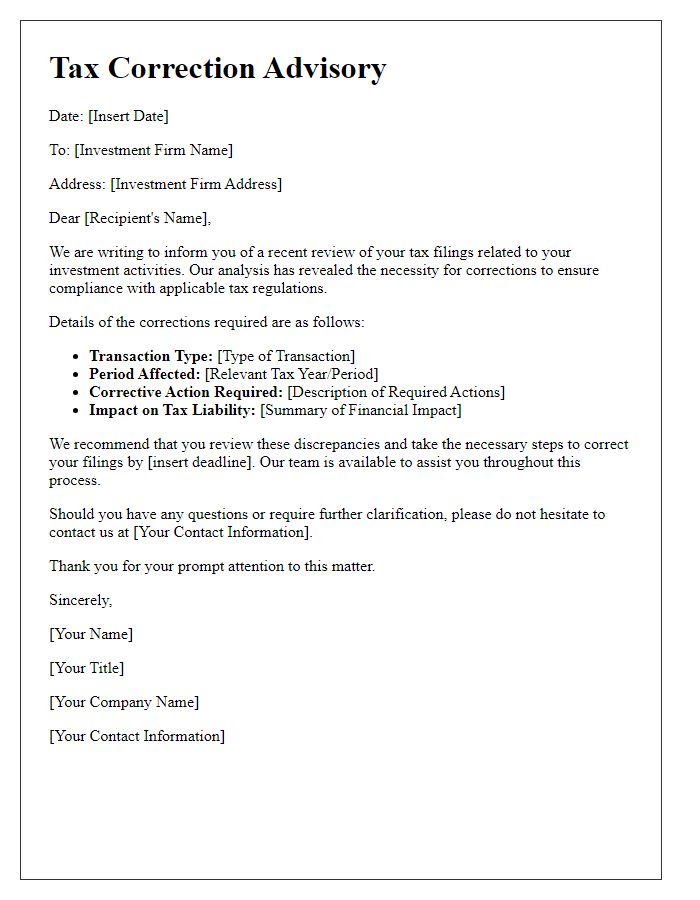 Letter template of tax correction advisory for investment firms