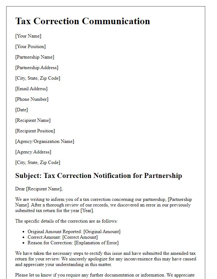 Letter template of tax correction communication for partnerships