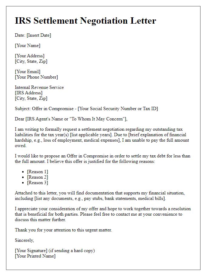 Letter template of IRS settlement negotiation