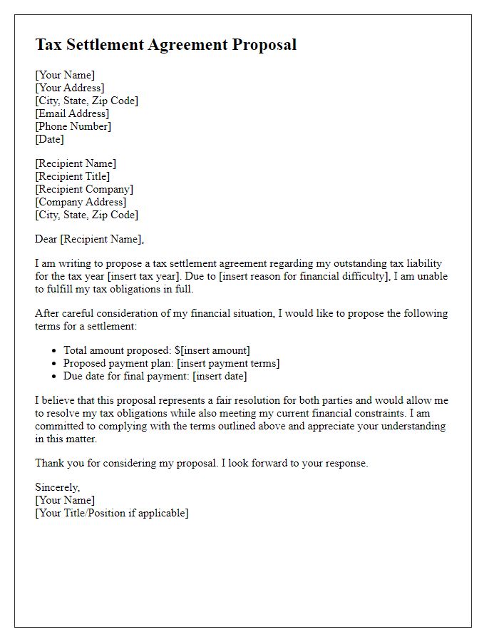 Letter template of tax settlement agreement proposal