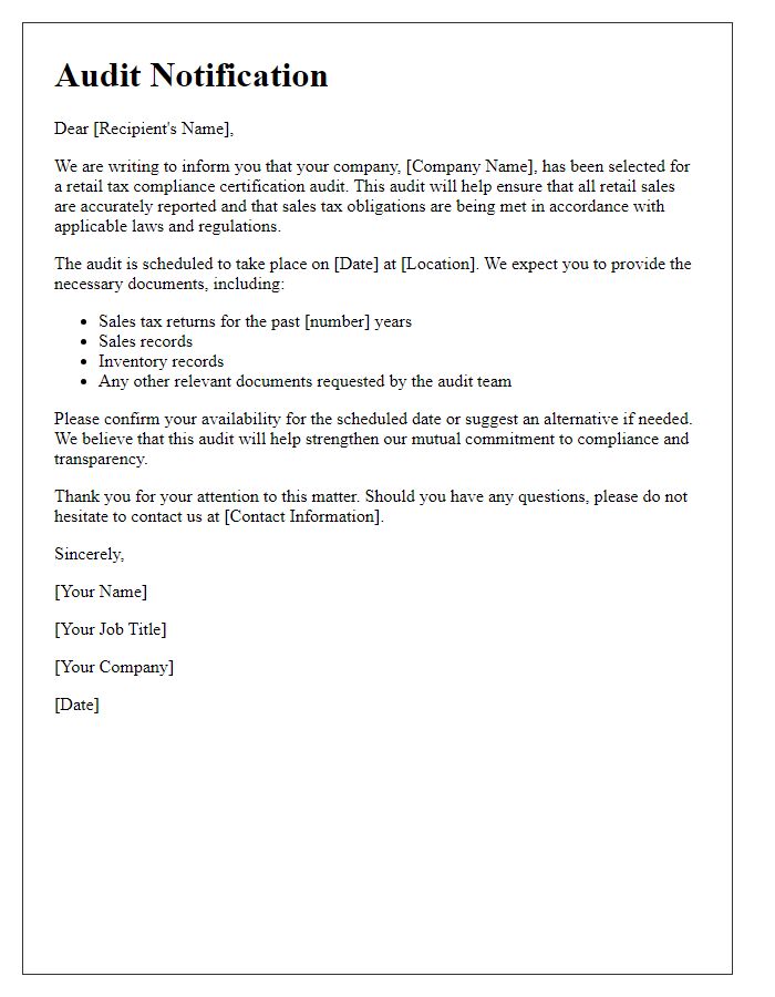 Letter template of retail tax compliance certification audit notification.