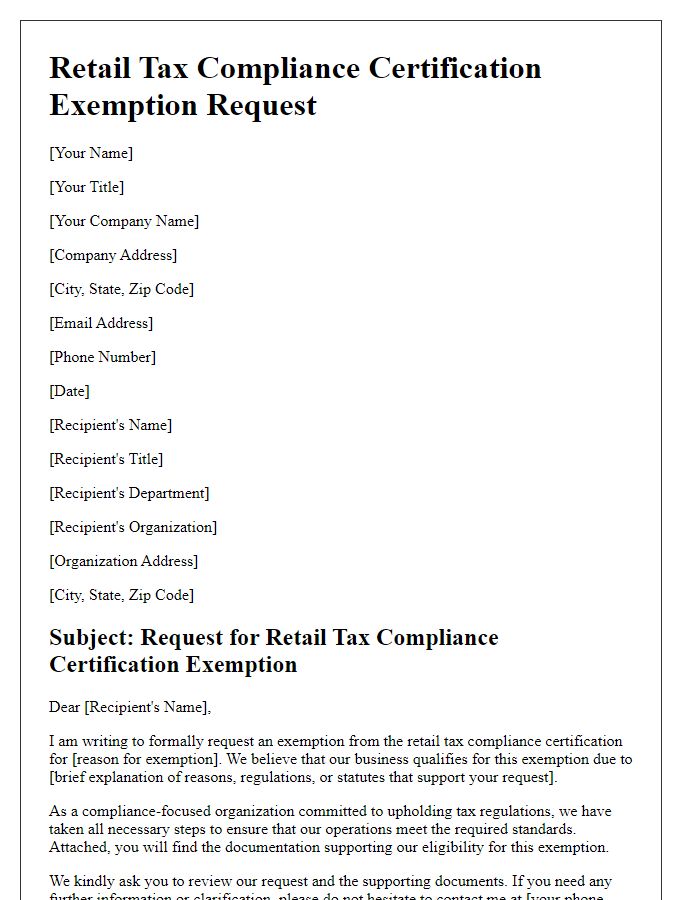 Letter template of retail tax compliance certification exemption request.