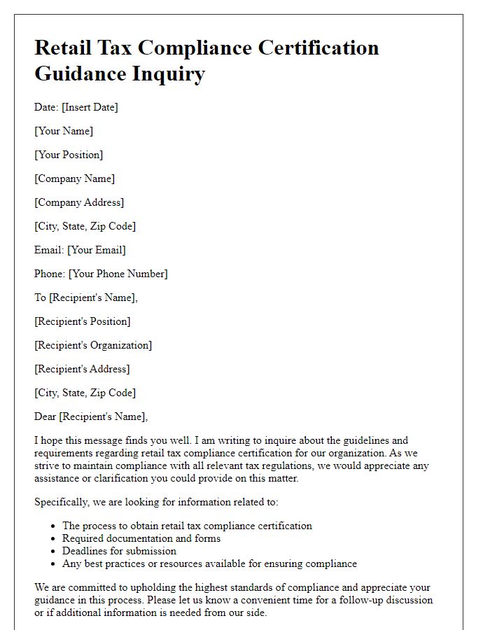 Letter template of retail tax compliance certification guidance inquiry.