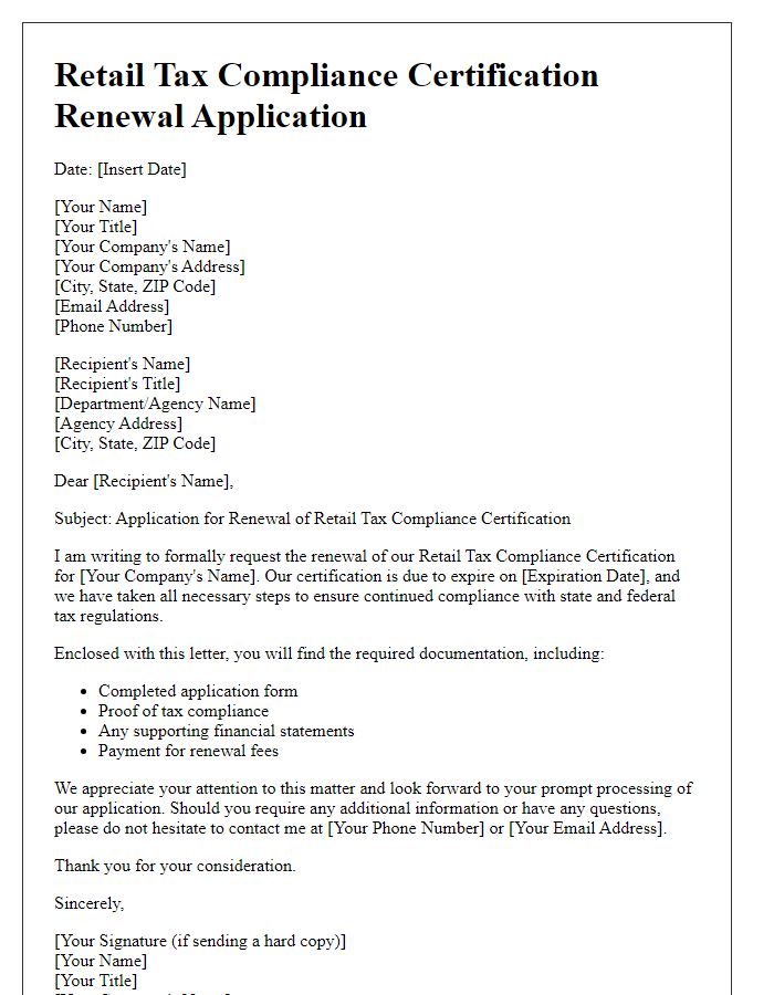 Letter template of retail tax compliance certification renewal application.