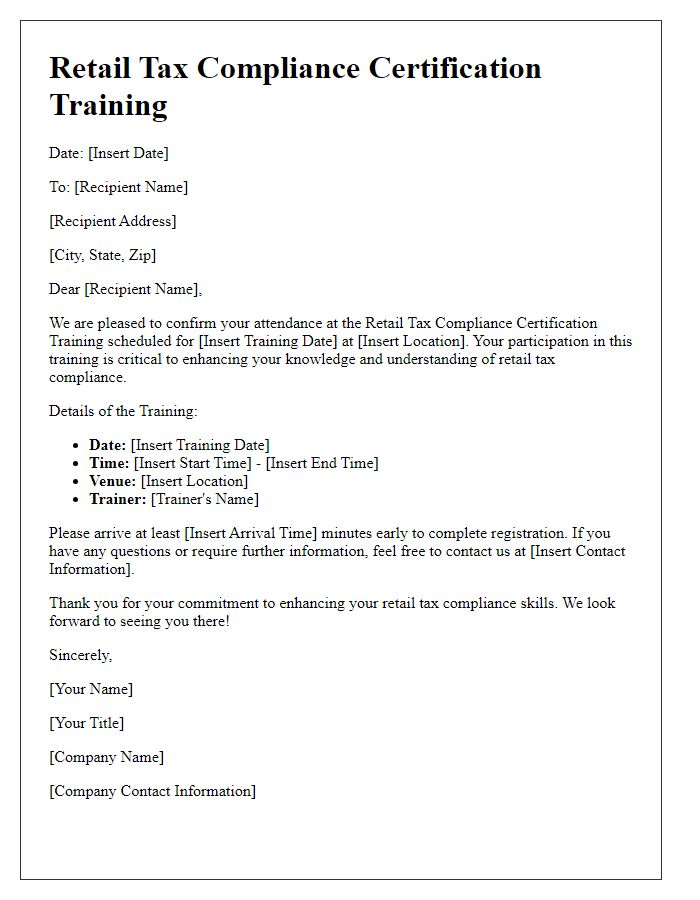 Letter template of retail tax compliance certification training attendance confirmation.