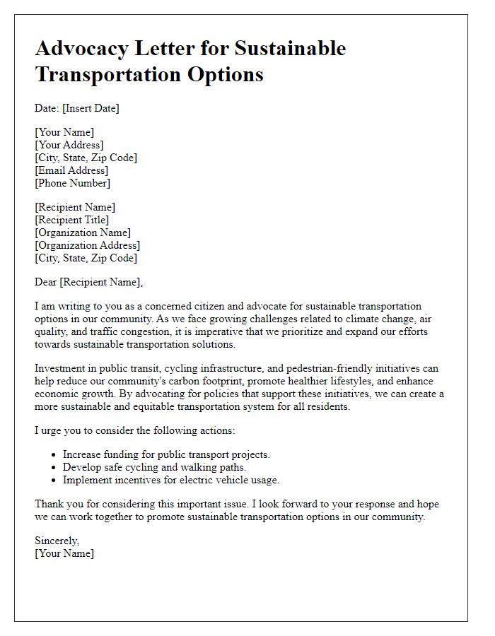 Letter template of advocacy for sustainable transportation options