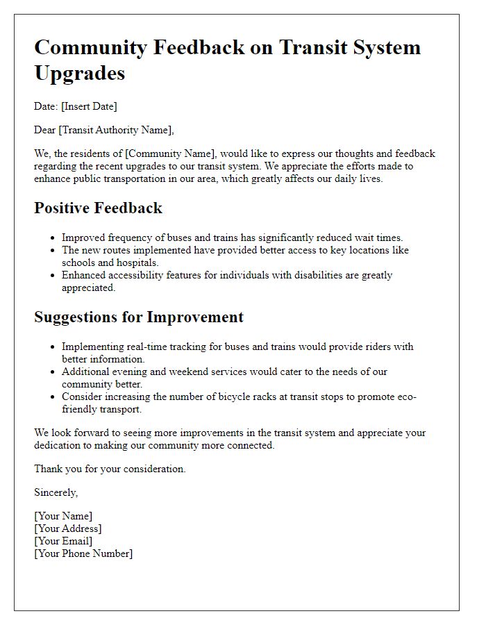 Letter template of community feedback on transit system upgrades