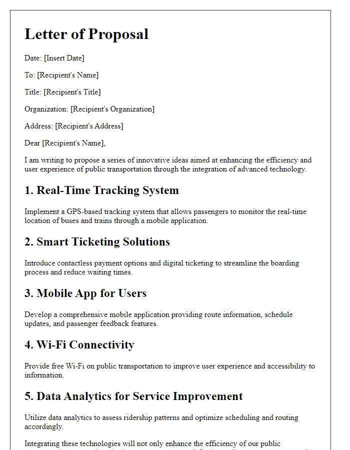 Letter template of ideas for integrating technology in public transportation