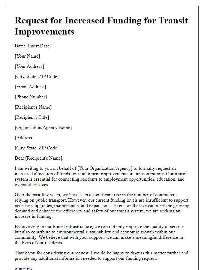 Letter template of requests for increased funding for transit improvements