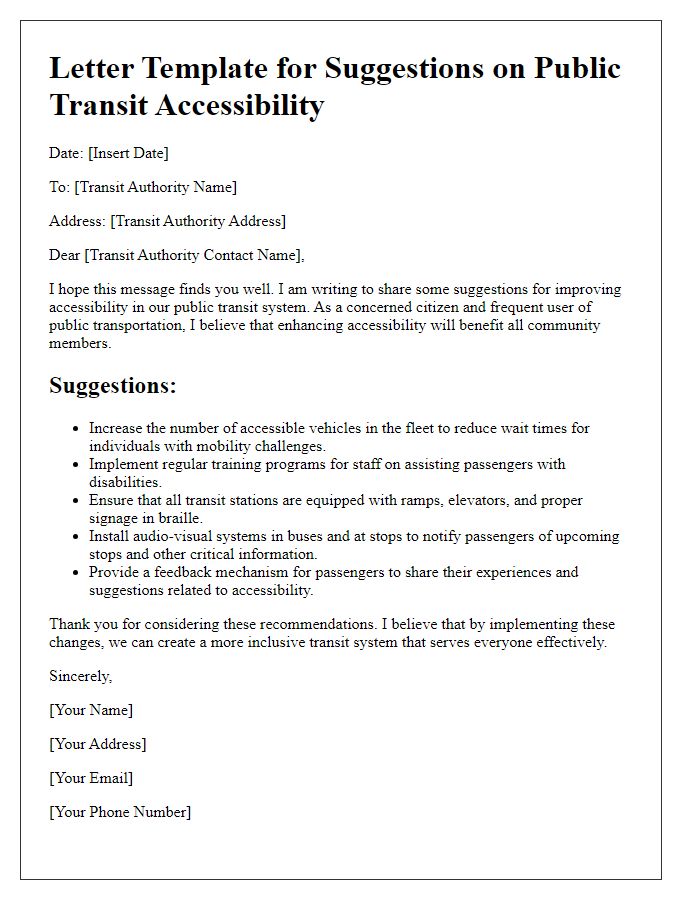 Letter template of suggestions for improving public transit accessibility