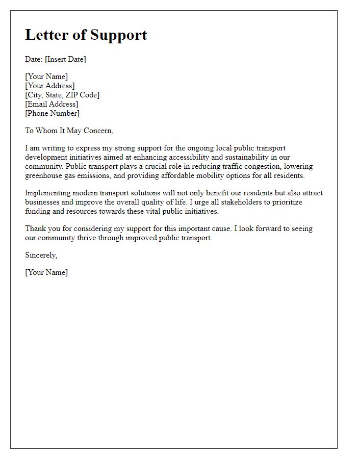 Letter template of support for local public transport development initiatives