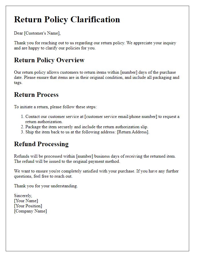 Letter template of return policy clarification