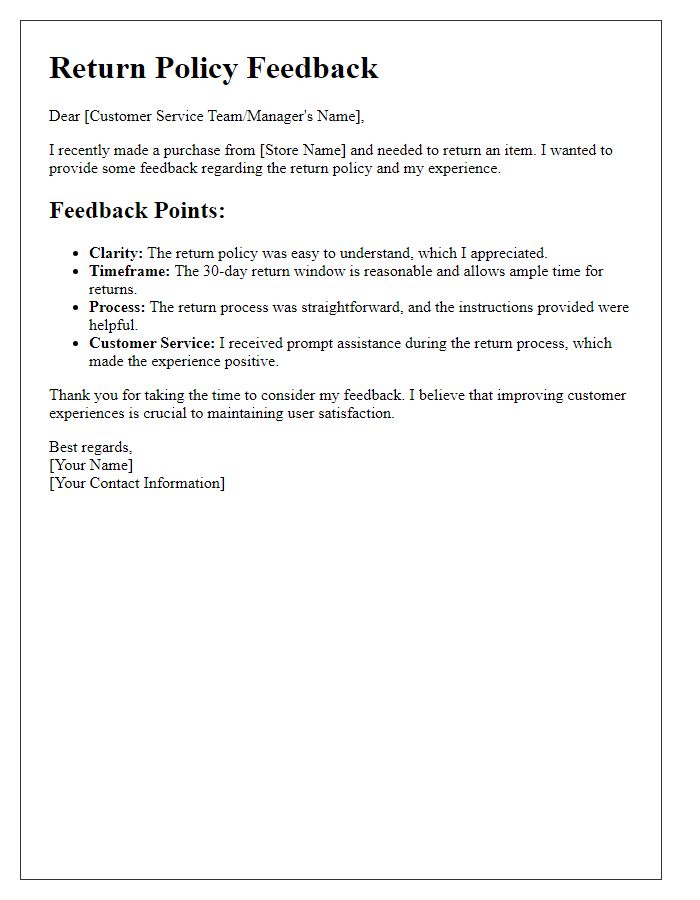 Letter template of return policy feedback