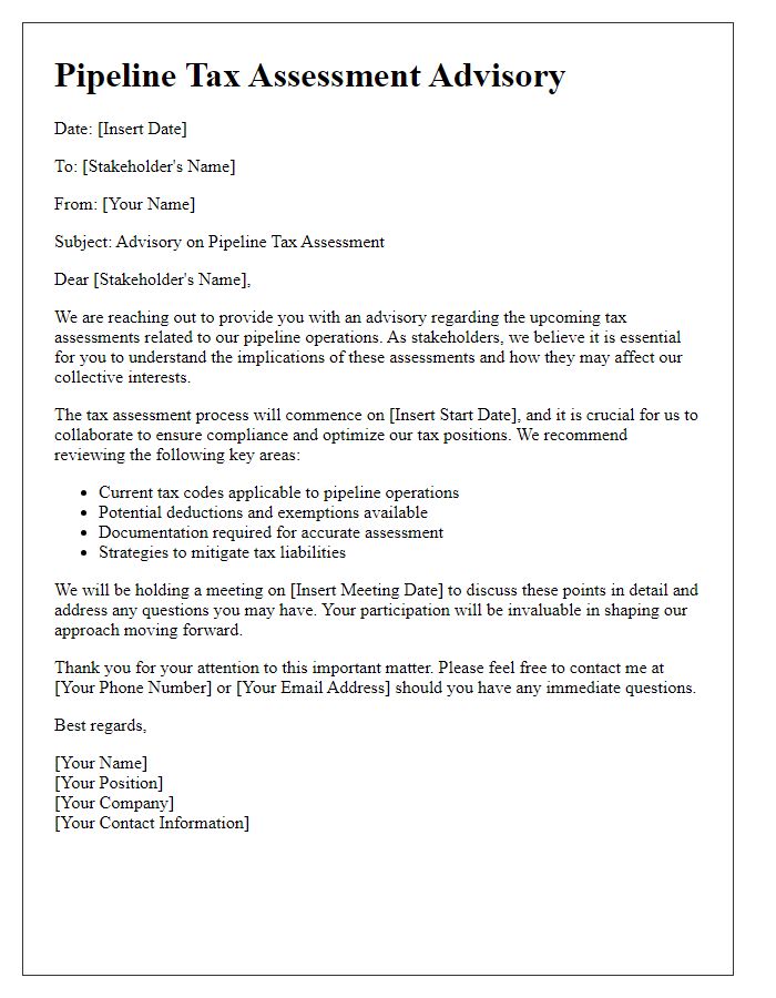 Letter template of pipeline tax assessment advisory for stakeholders