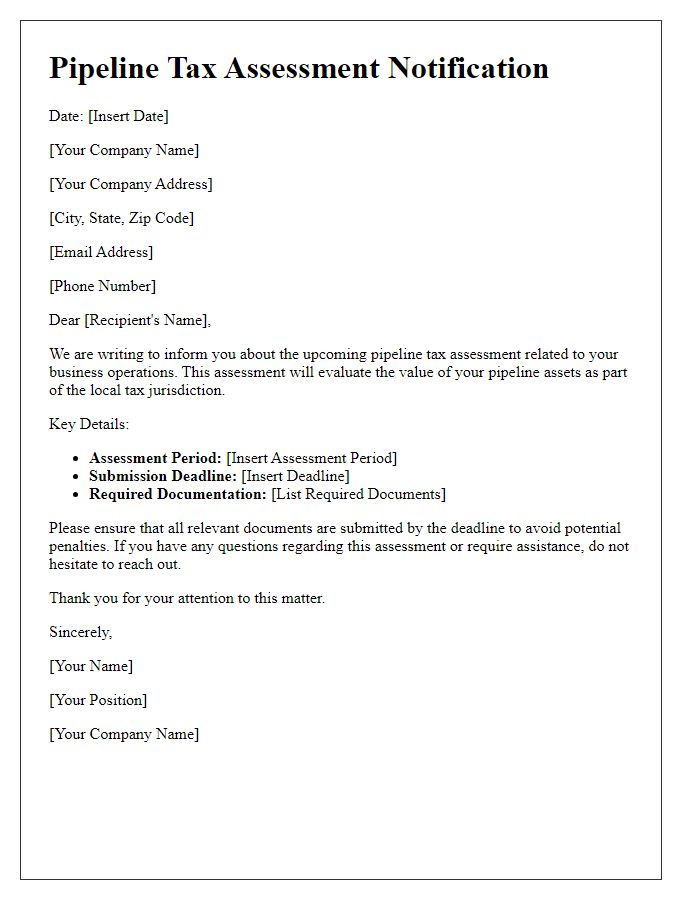 Letter template of pipeline tax assessment communication for businesses