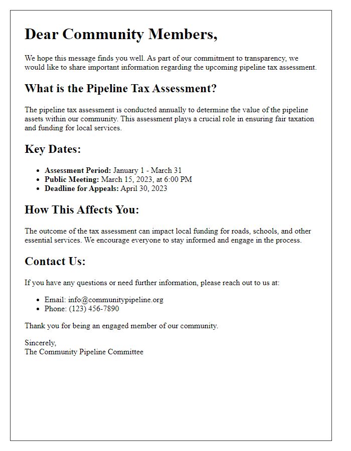 Letter template of pipeline tax assessment information for community members