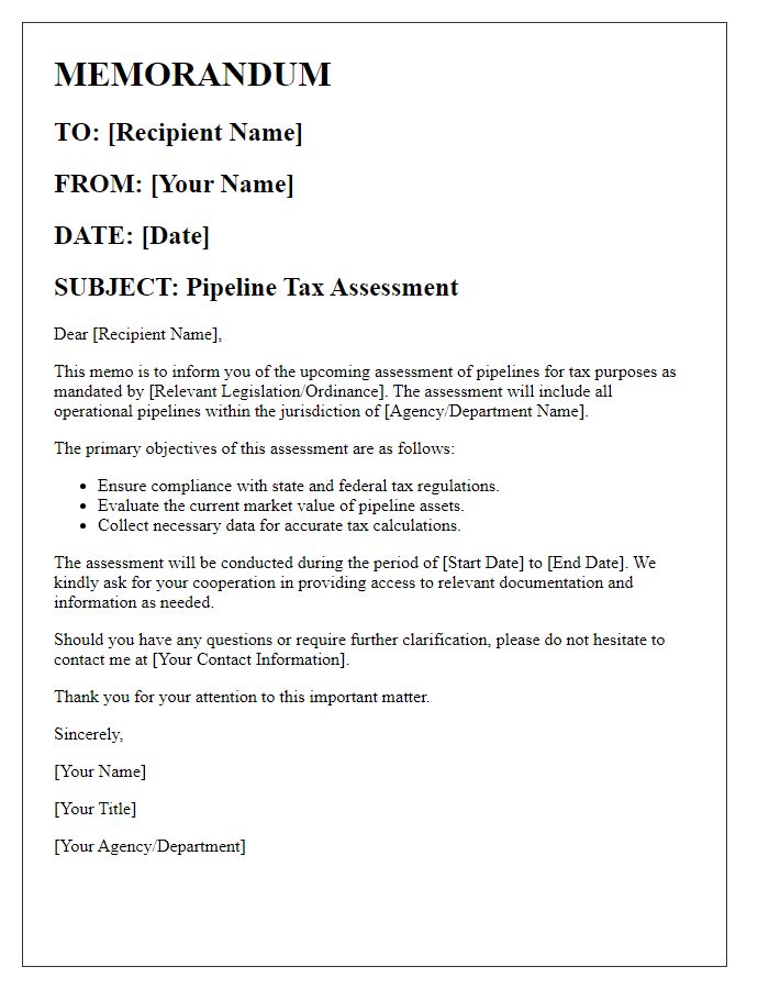 Letter template of pipeline tax assessment memo for government agencies