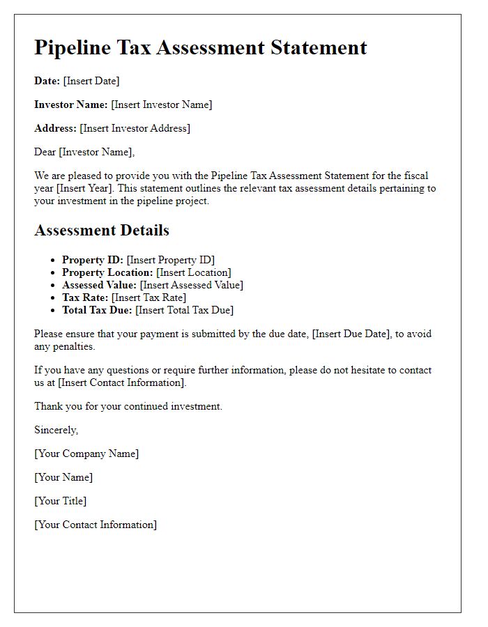 Letter template of pipeline tax assessment statement for investors