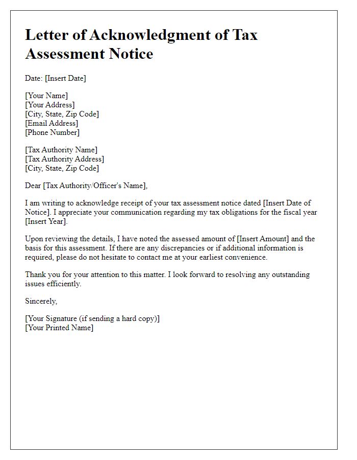 Letter template of acknowledgment of tax assessment notice