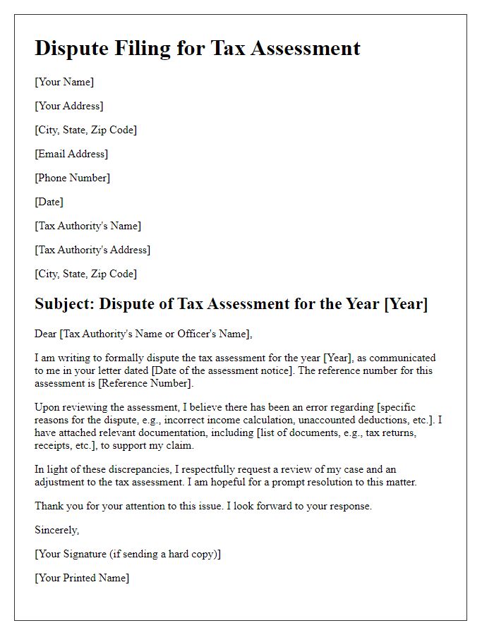 Letter template of dispute filing for tax assessment