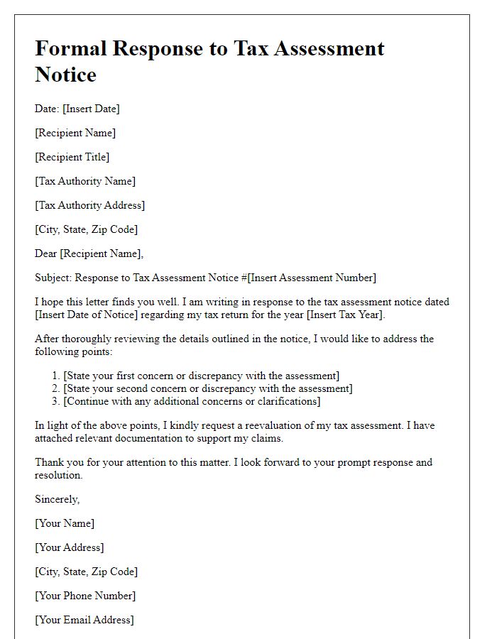 Letter template of formal response to tax assessment notice