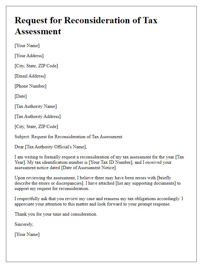 Letter template of request for reconsideration of tax assessment