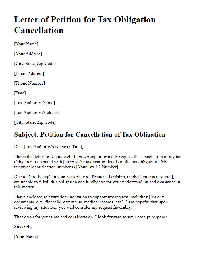 Letter template of petition for tax obligation cancellation