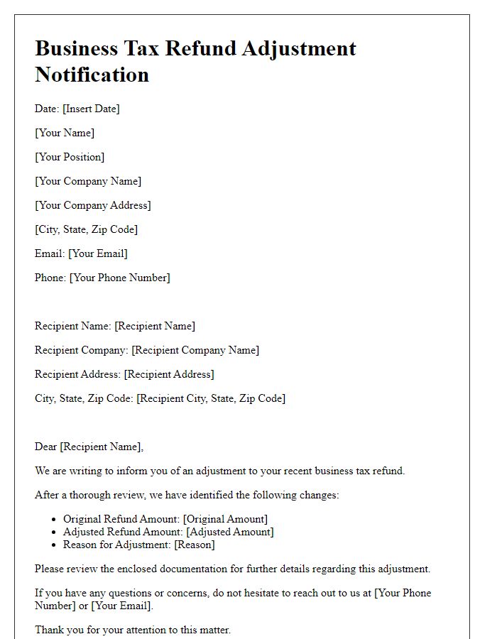 Letter template of business tax refund adjustment notification.