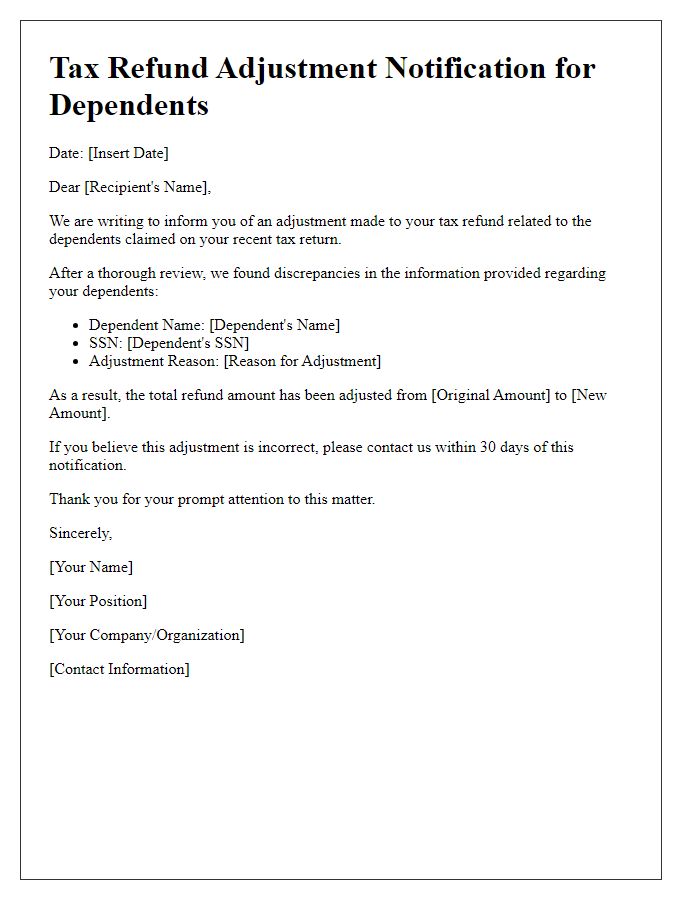 Letter template of tax refund adjustment notification for dependents.