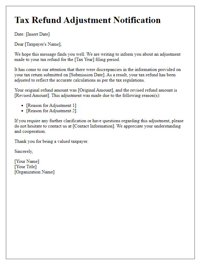 Letter template of tax refund adjustment notification for first-time filers.