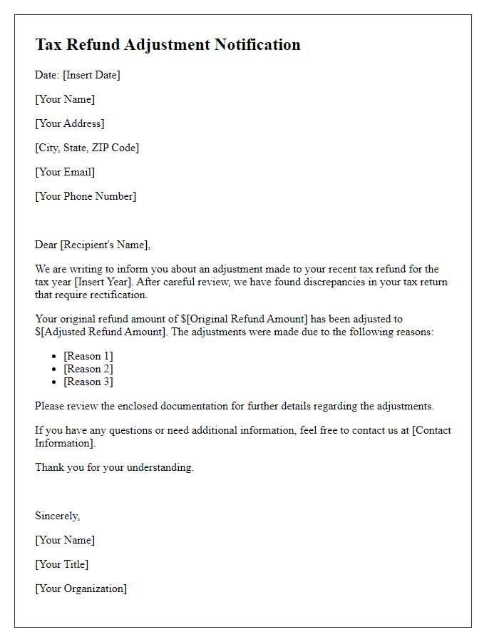 Letter template of tax refund adjustment notification for individuals.