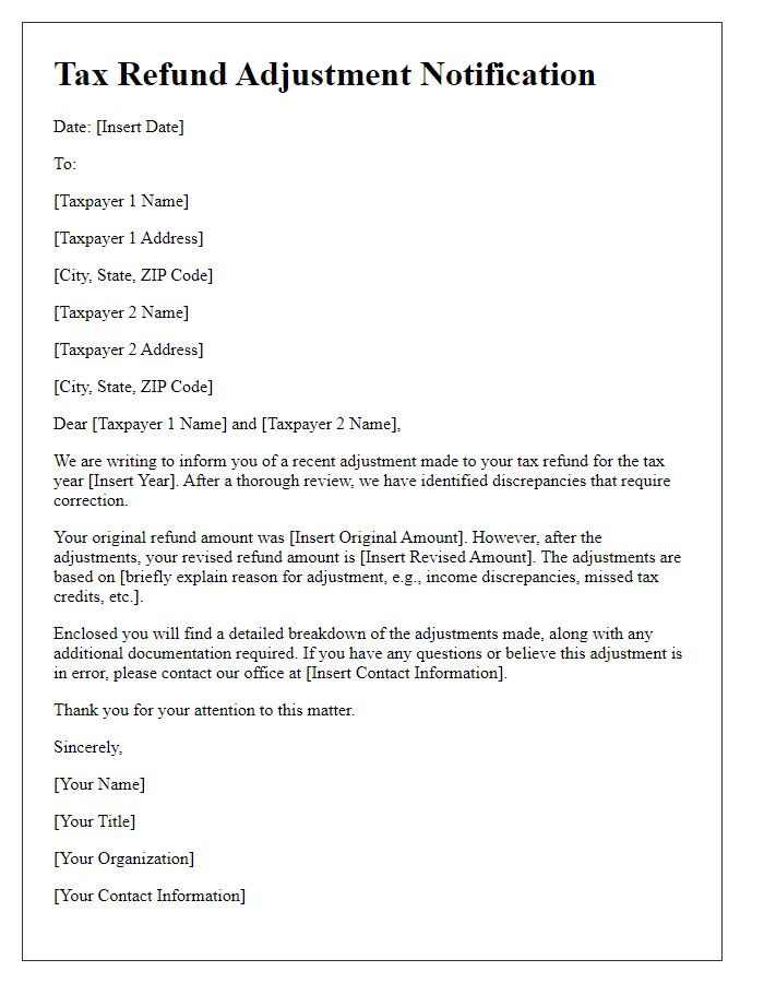 Letter template of tax refund adjustment notification for joint filers.