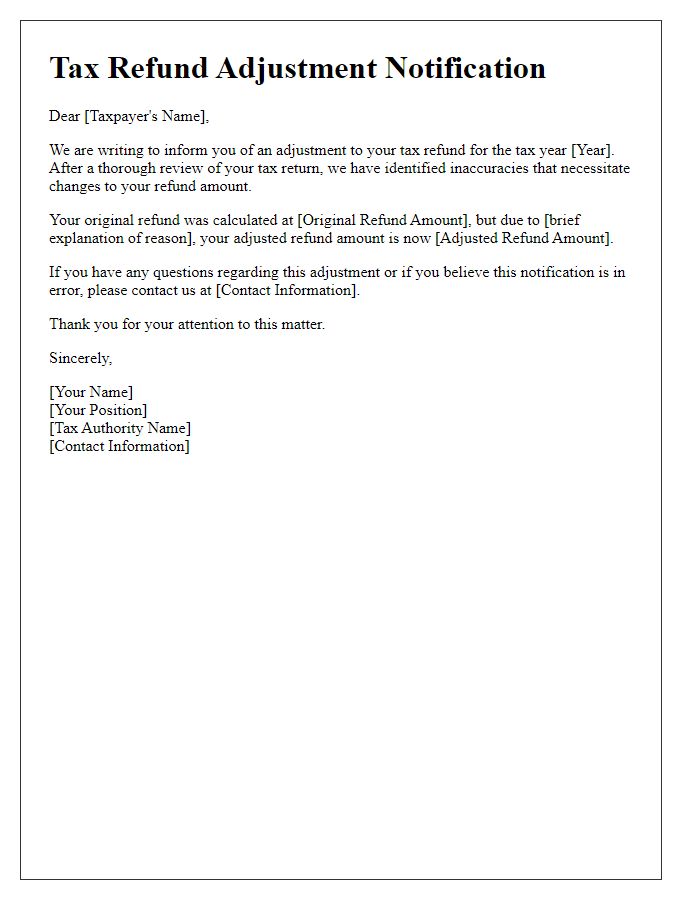 Letter template of tax refund adjustment notification for non-resident taxpayers.